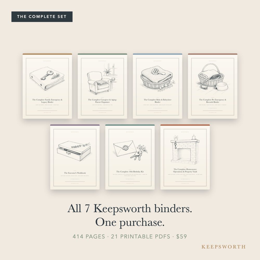 All seven Keepsworth binders: the Family Emergency & Legacy Binder, Caregiver & Aging-Parent Organizer, Baby & Babysitter Binder, Pet Emergency & Records Binder, Executor's Workbook, 18th Birthday Kit and Homeowner Operations & Property Vault, each with an illustrated cover