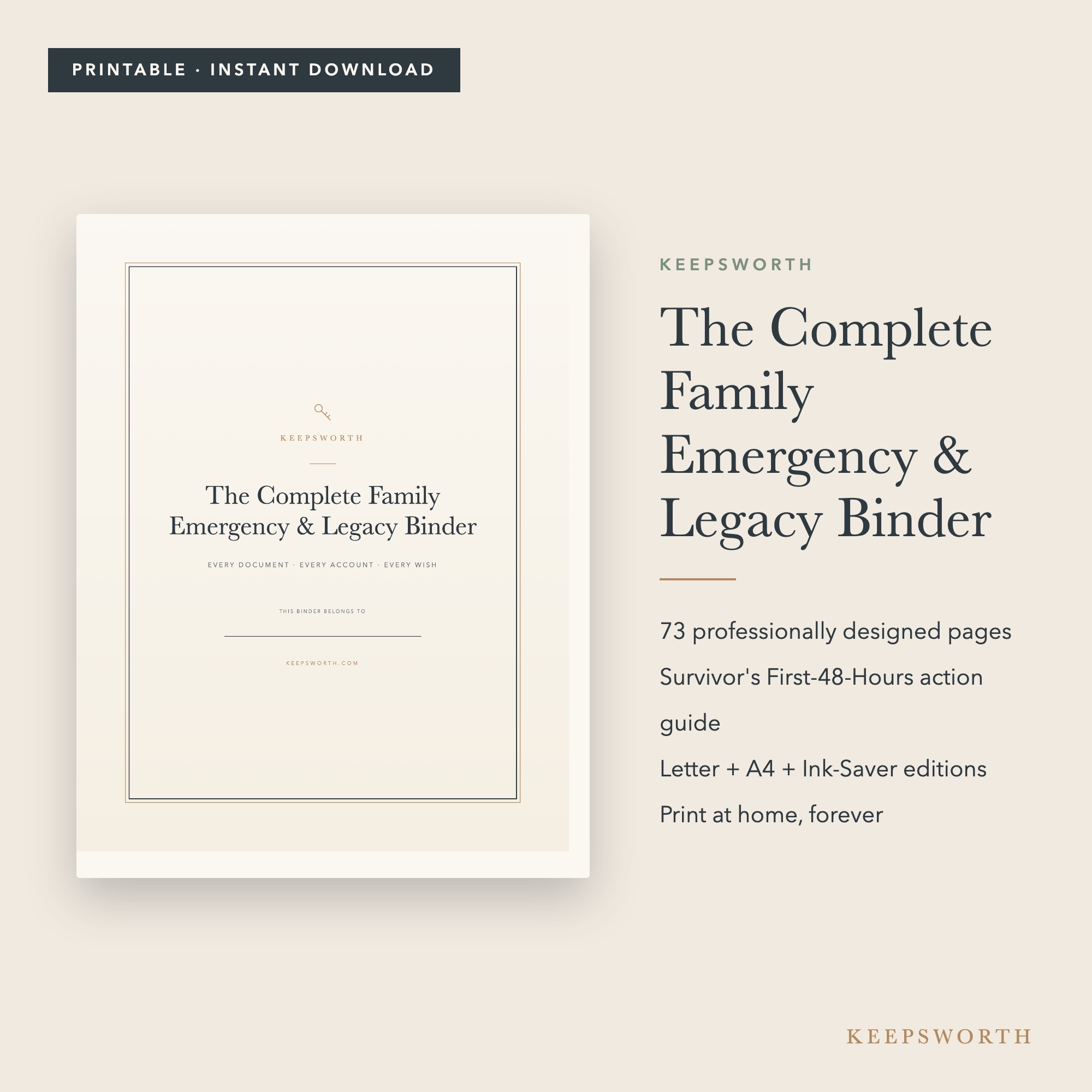 The Complete Family Emergency & Legacy Binder — printed pages on cream linen