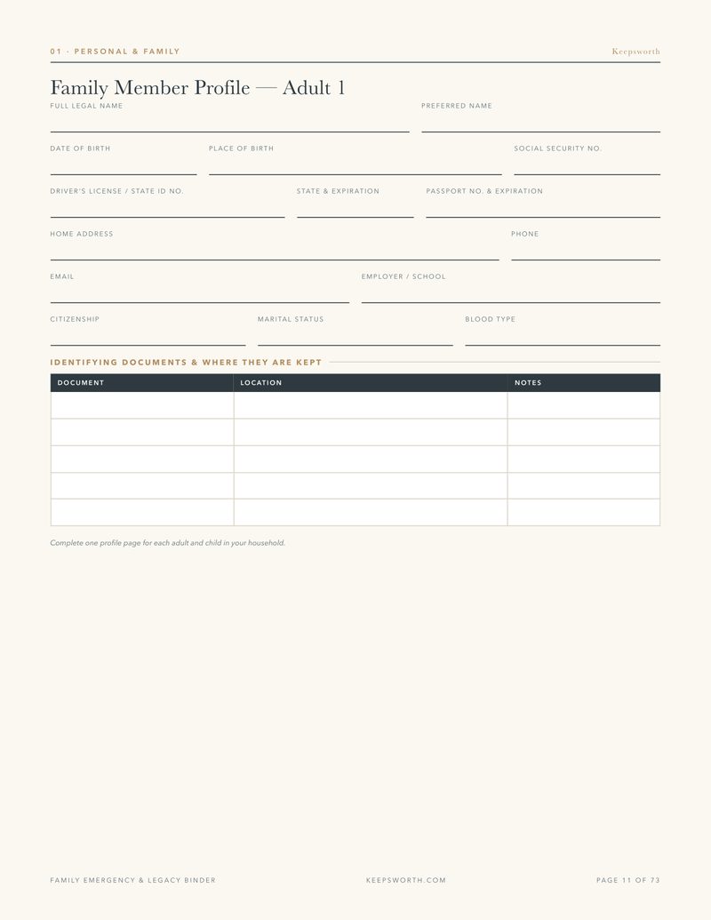 Form page: Family Member Profile, a fill-in layout with labelled fields