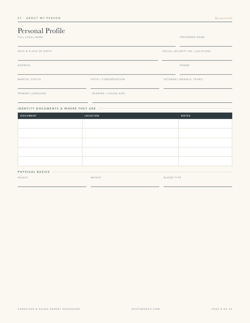 Form page: Personal Profile, a fill-in layout with labelled fields