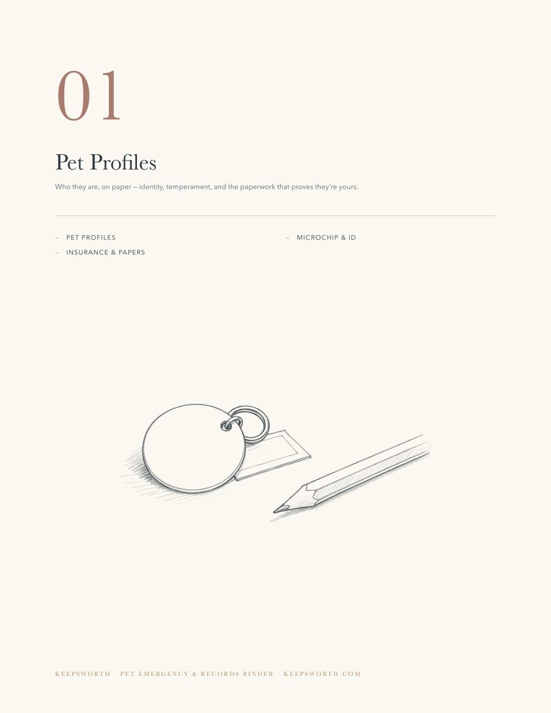 Section 01 divider page, Pet Profiles, with a pencil-style illustration of a collar tag and pencil