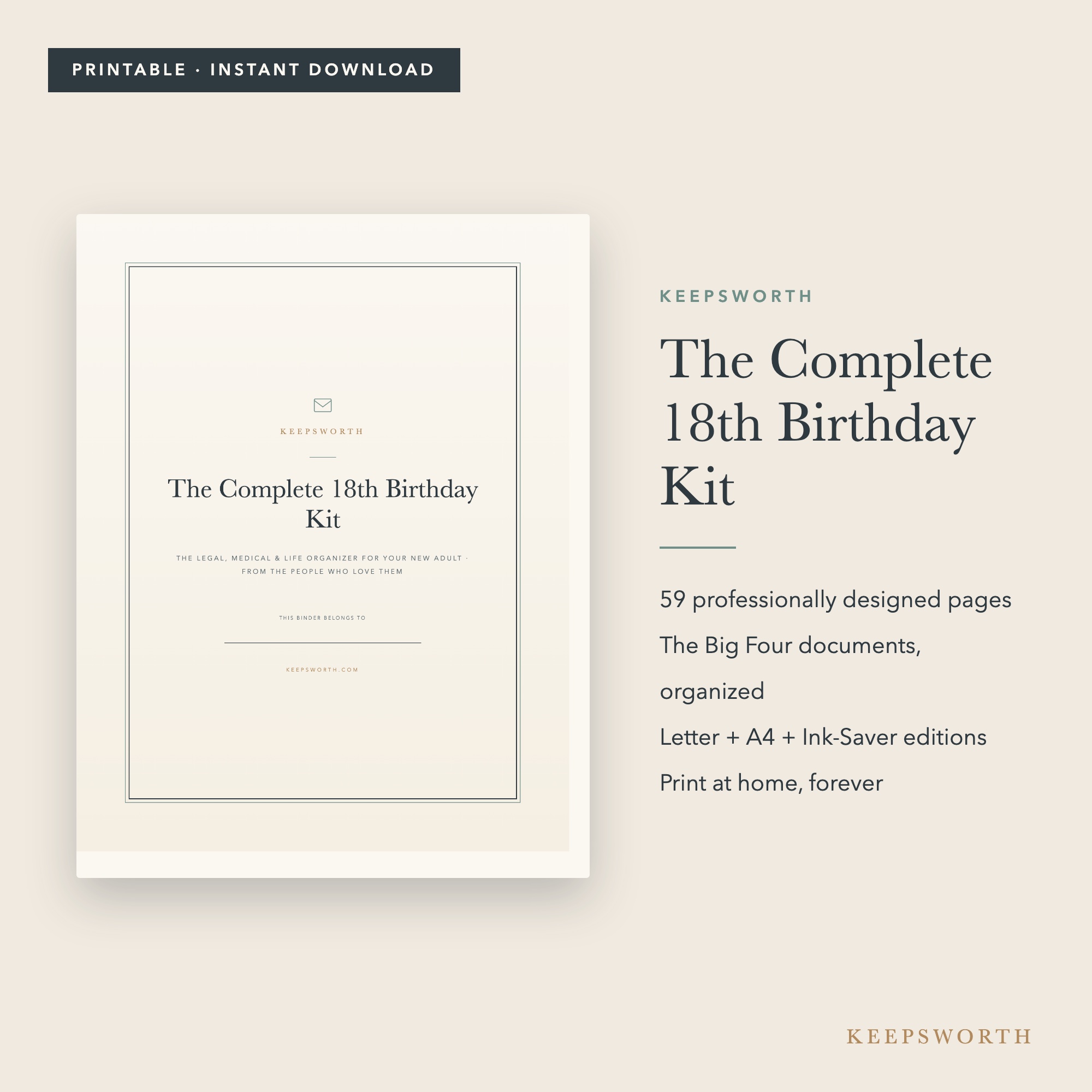 18th Birthday Kit — printed pages on cream linen